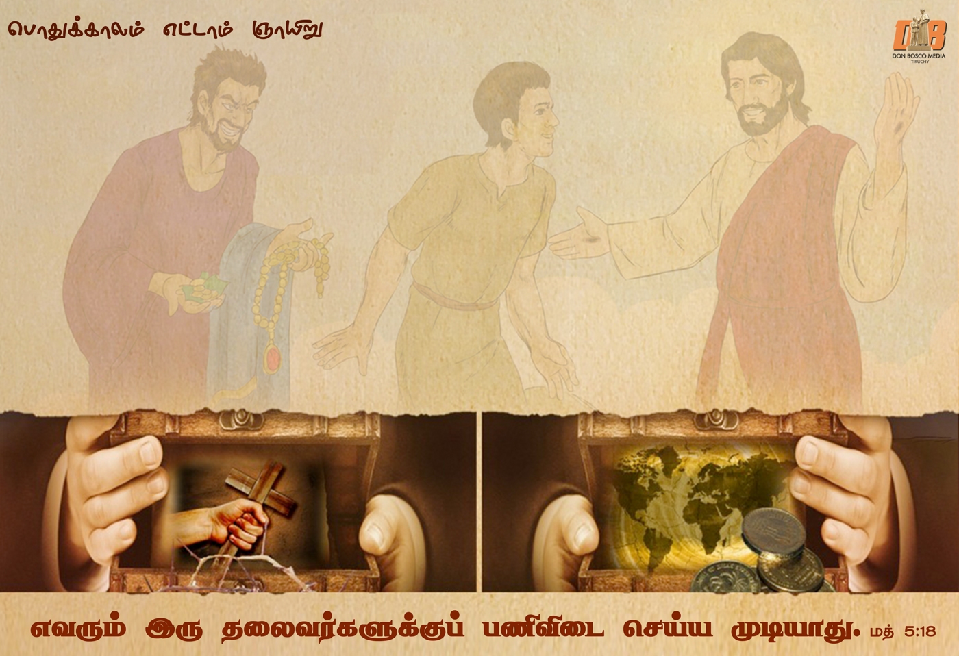 எவரும் இரு தலைவர்களுக்குப் பணிவிடை செய்ய முடியாது. ஏனெனில், ஒருவரை வெறுத்து மற்றவரிடம் அவர் அன்பு கொள்வார்; 
அல்லது ஒருவரைச் சார்ந்து கொண்டு மற்றவரைப் புறக்கணிப்பார்.